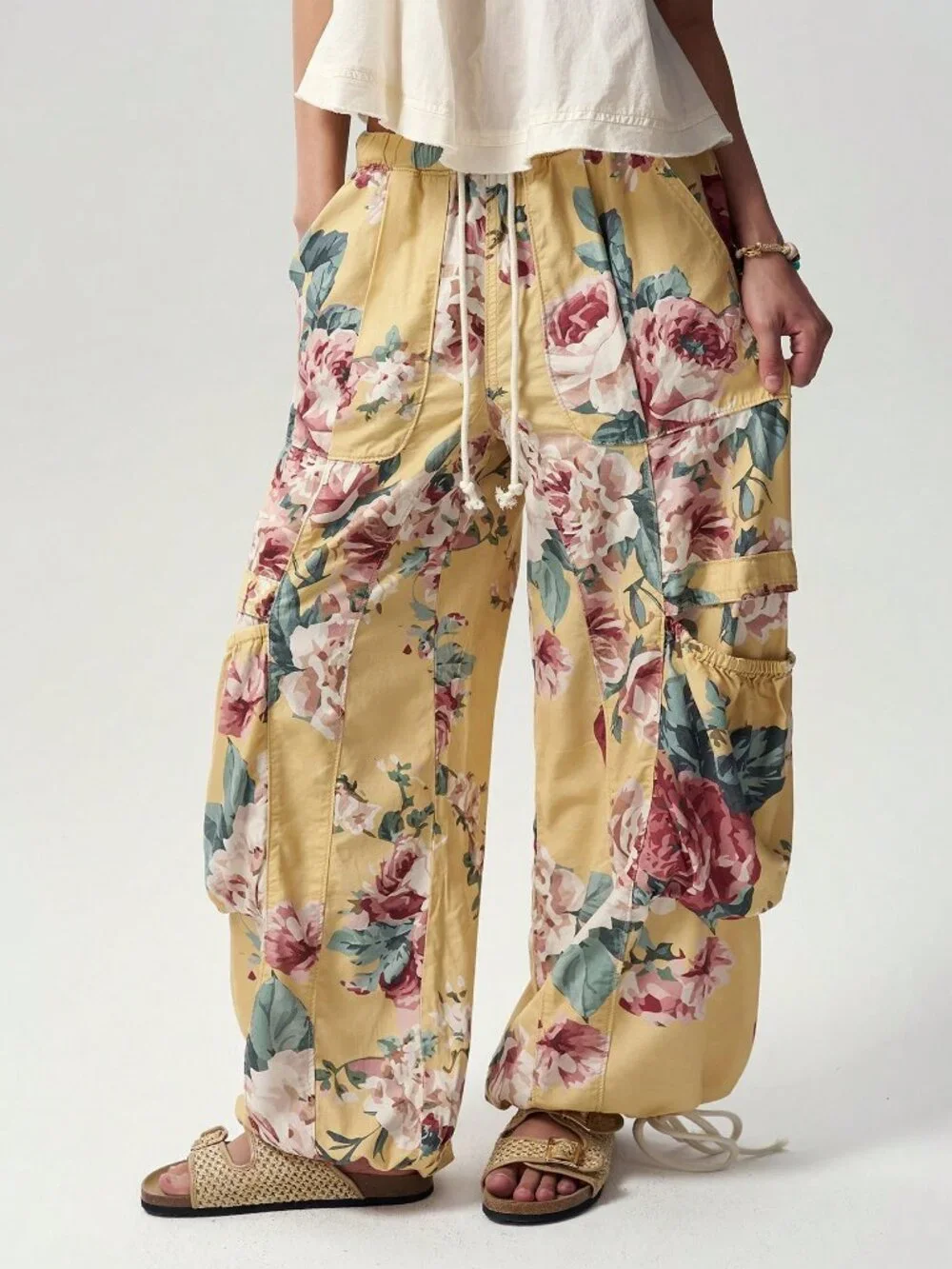 Yellow Casual Women's Woven Printed Loose Long Pants